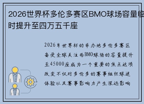 2026世界杯多伦多赛区BMO球场容量临时提升至四万五千座